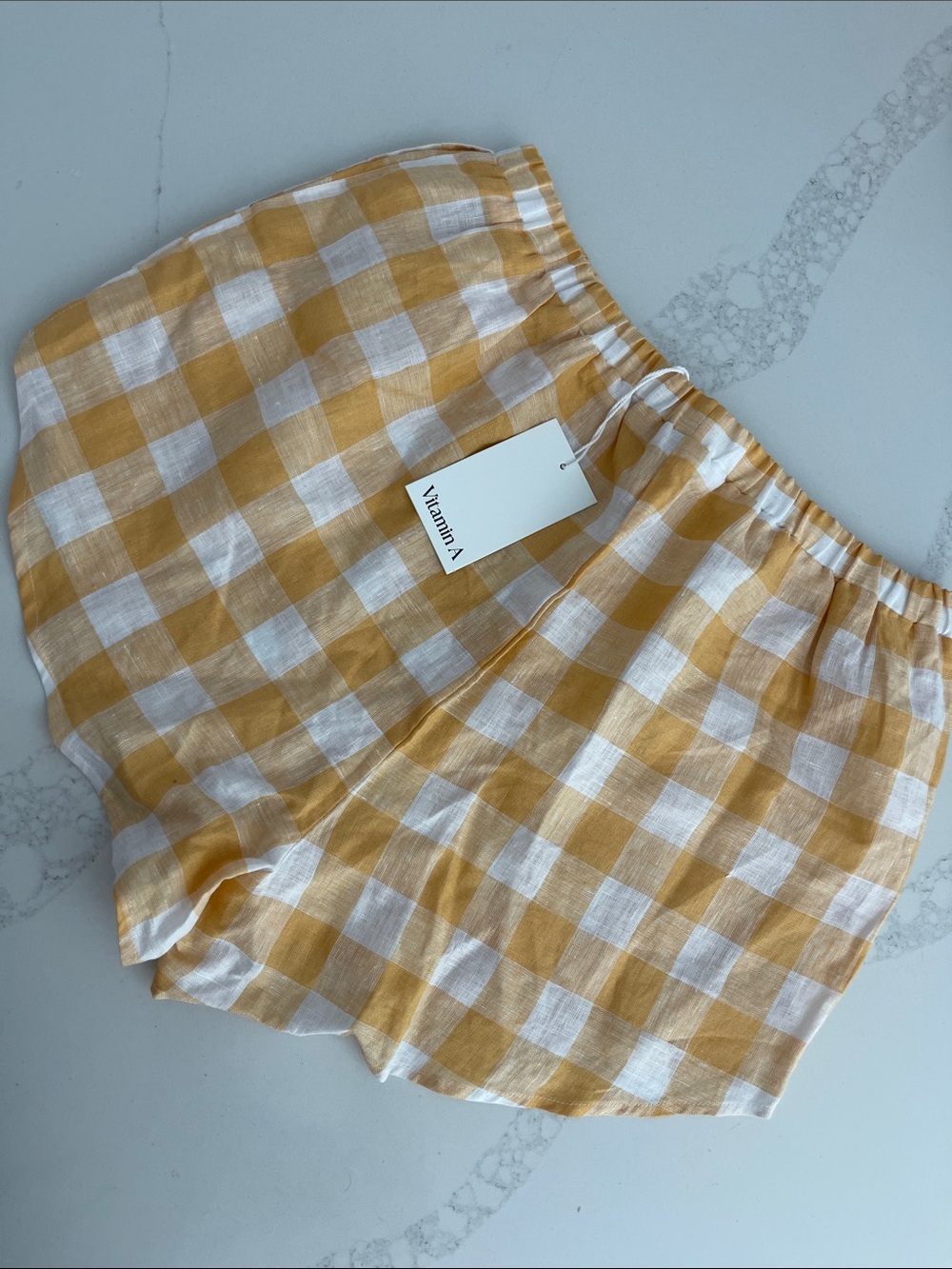 Vitamin A Orange and White Gingham High-Waist Linen Shorts